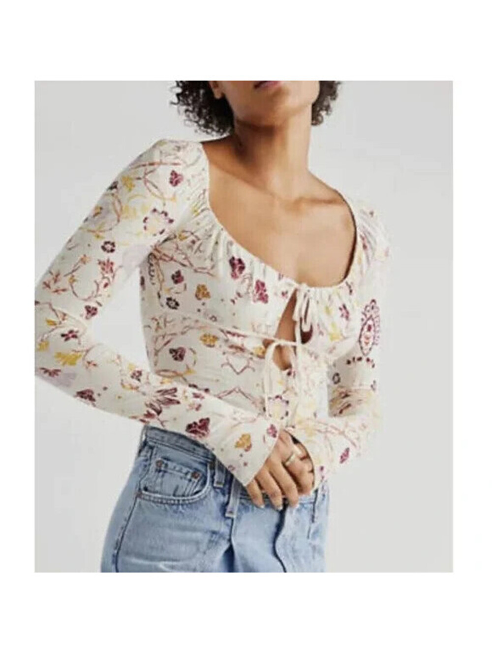 Free People Size S White Floral Long Sleeve Knit Top Scoop Neck Milkmaid Peasant